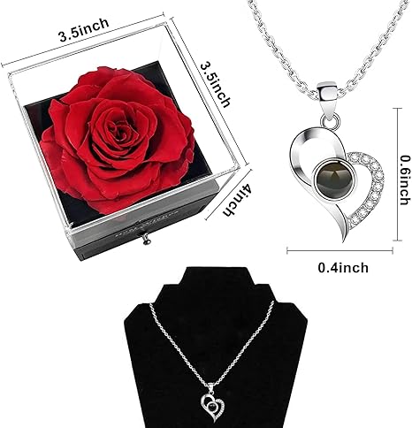 Eternal Rose & Heart Necklace Rose Flowers Gift with I Love You in 100 Languages