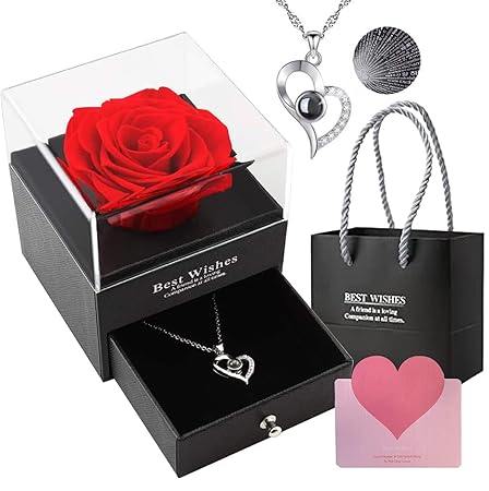 Eternal Rose & Heart Necklace Rose Flowers Gift with I Love You in 100 Languages