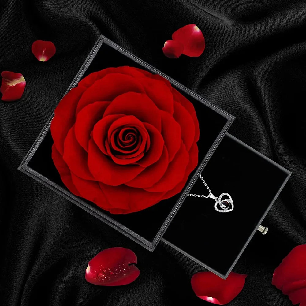 Eternal Rose & Heart Necklace Rose Flowers Gift with I Love You in 100 Languages