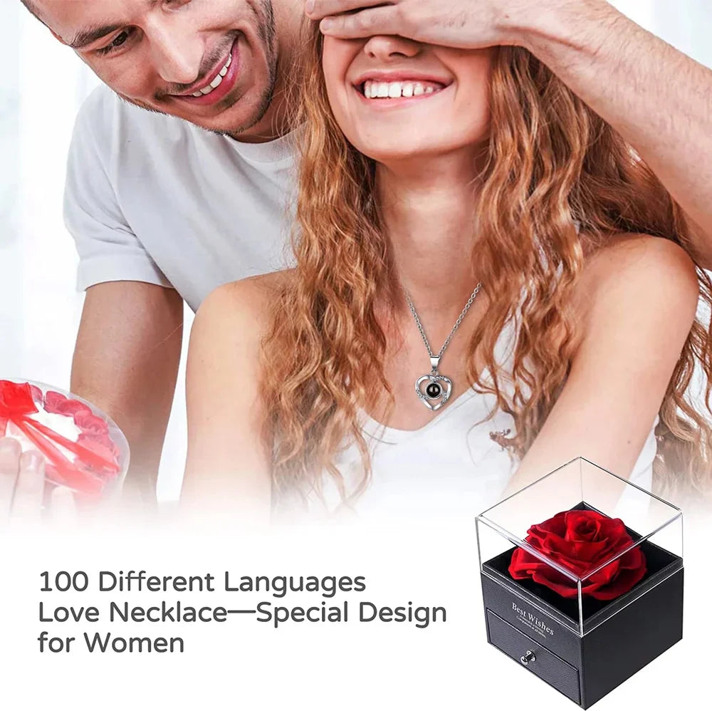 Eternal Rose & Heart Necklace Rose Flowers Gift with I Love You in 100 Languages