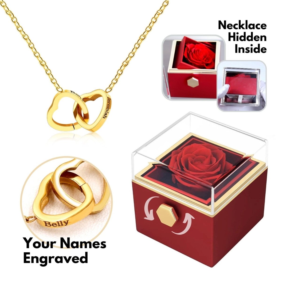 Rose Box + Secret 18k Heart Necklace (Engraved) - Google - Gold